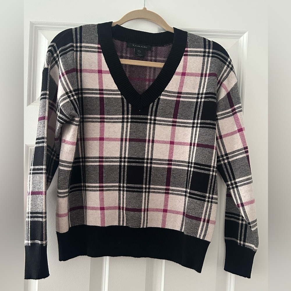 Tahari Plaid V Neck Sweater- Black/White/Purple